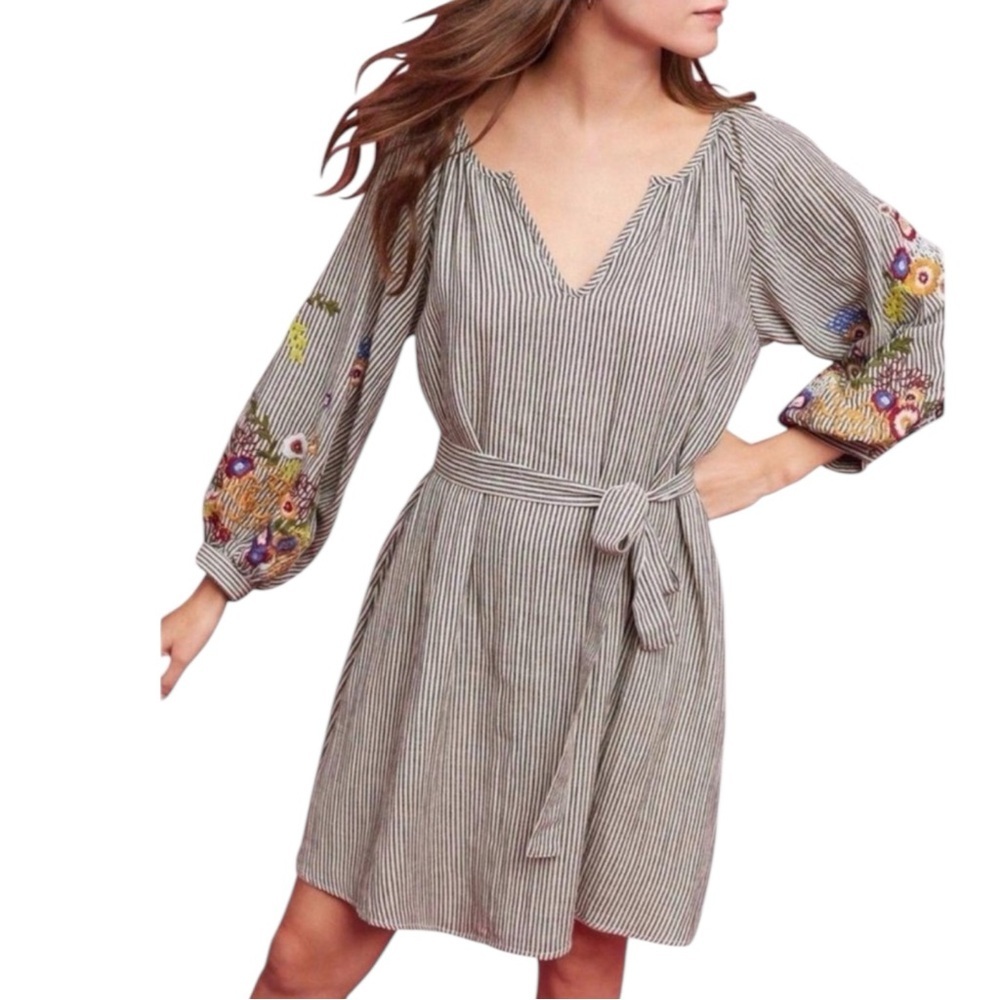 Feather Bone Anthropologie Lindsey Striped Embroidered Floral Dress S No Belt